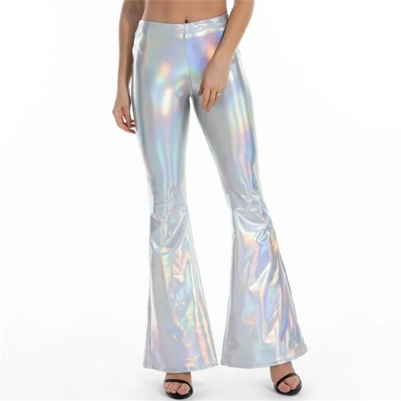 Sexy PU-Leder-Metallic-Hosen, glänzende holografische Flare-Frauen-Mädchen, figurbetonte, elastische Taille, Bell-Bottom-Hose, Clubwear 210915