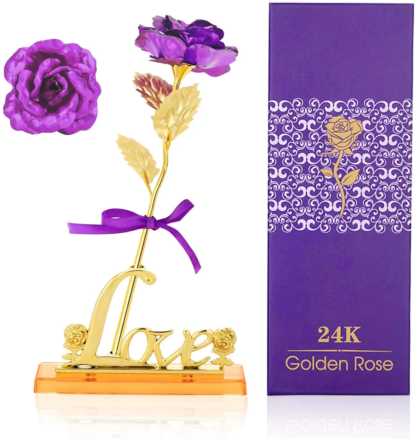 인공 장미 플라스틱 꽃,, 자주색 장미 꽃 선물 24K 골드 장미 선물 상자