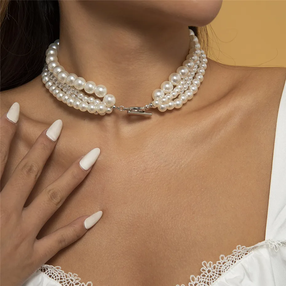 Ins Elegancki Wielowarstwowy Imitacja Pearl Łańcuch Naszyjnik Moda Oświadczenie Zroszony Link Choker Ślubny Kobiety Biżuteria Dziewczyny