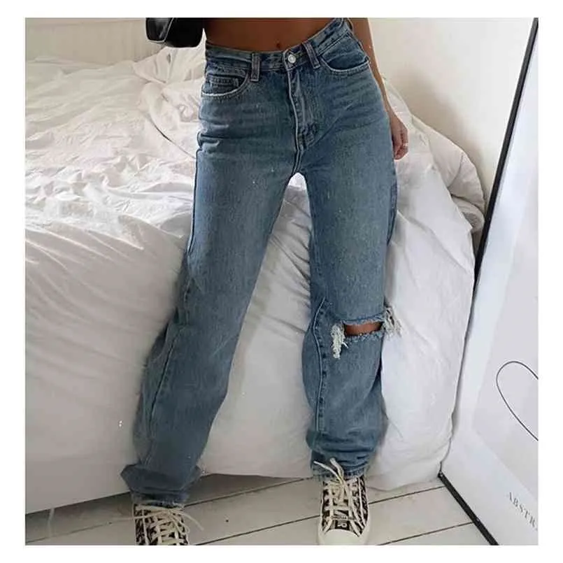 Denim Ripped Jeans For Women Cargo Pants Mom Jean High Waist Fashion Holes Thin 's Baggy Long trousers 210809