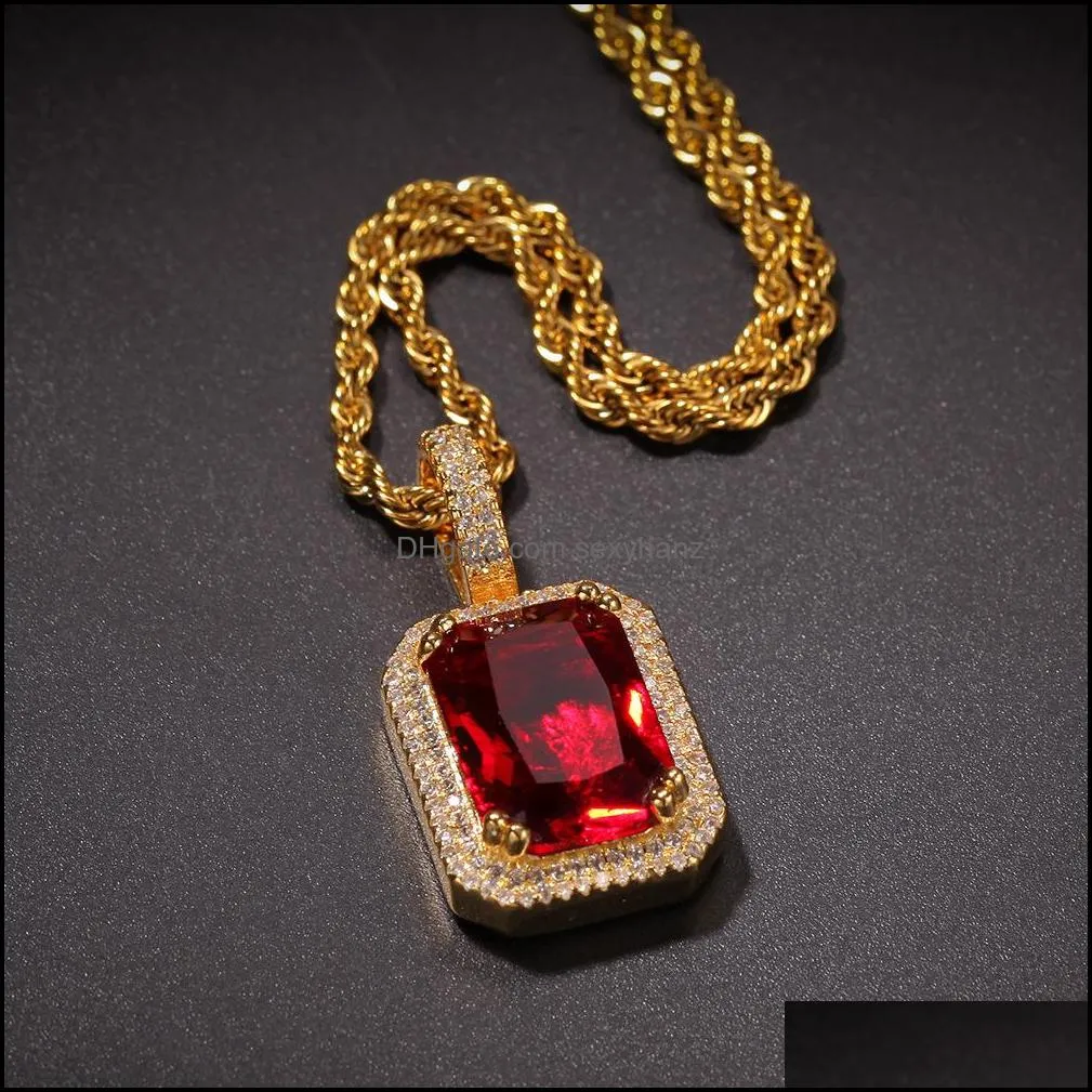 Unisex Square Shape Hip Hop Iced Out Chain Necklace Rhinestone Red Crystal Pendants & Necklaces For Women Men Jewelry