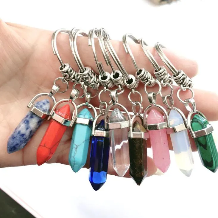 9 색 Chakra 육각 프리즘 프리즘 자연석 키 체인 합금 크리스탈 키 반지 핸드백은 패션 쥬얼리 선물