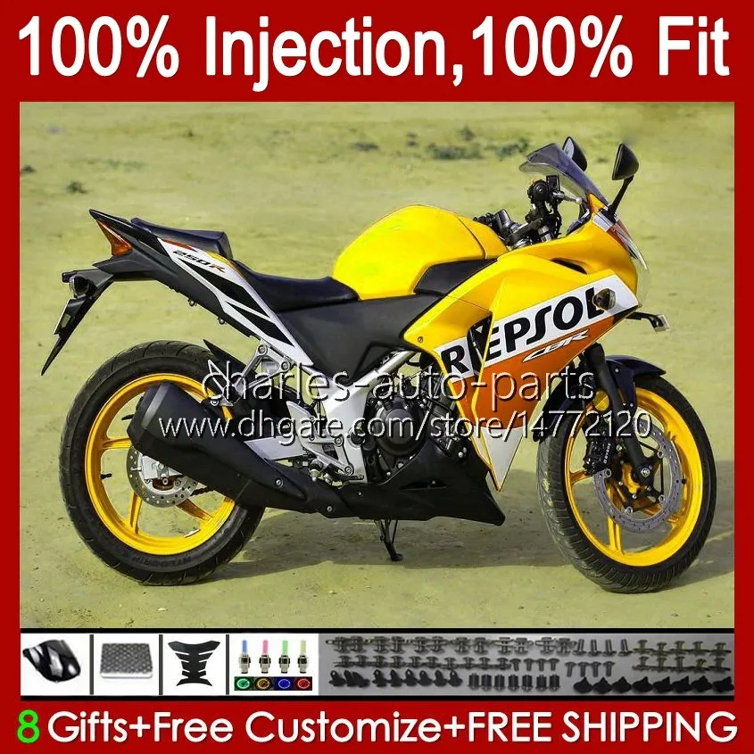 Honda CBR-250 CBR 250R 250 CBR250 R CC 2011 2012 2014 2015 바디 58NO.92 250CC CBR250R MC41 11 12 14 14 15 CBR-250R 11-15 OEM 페어링 repsol 노란색 키트