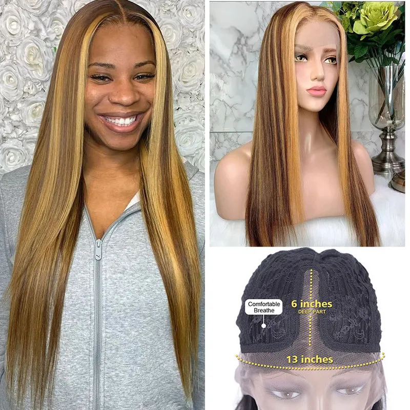 Perruques Lace Front Wig brésiliennes naturelles lisses ombrées, cheveux à reflets, 13x1 Hd, Full Frontal, blond miel, 28 30 pouces, 258r