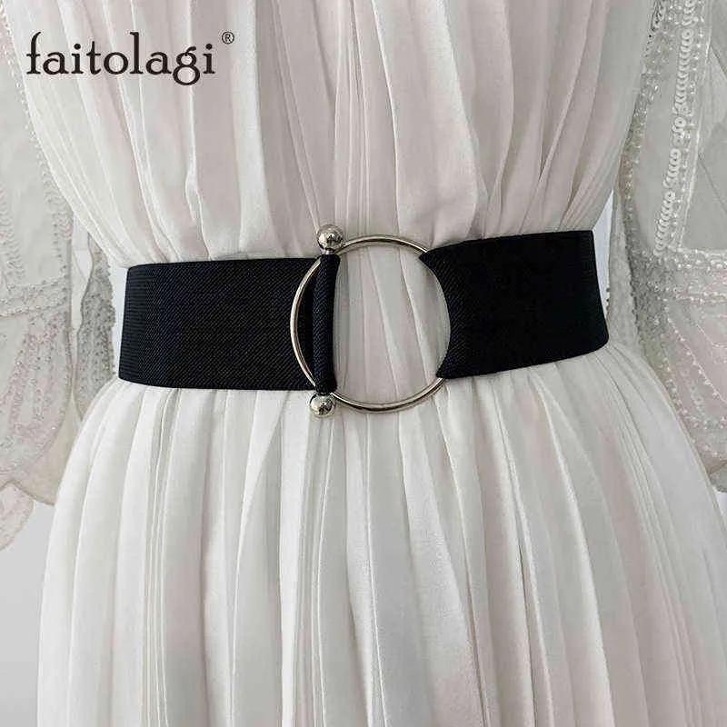 Women Simple Canvas Elastic Belts Black White Female Lady Round Buckle Waistbands Wide Skinny Decoration Dress Straps G220301