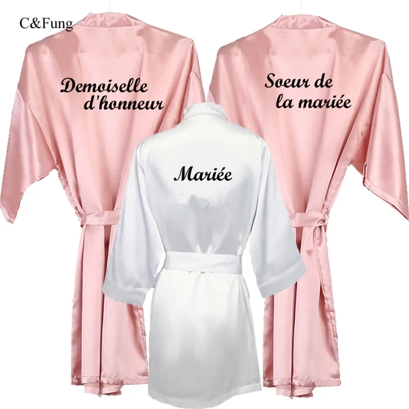 Rose Gold Bride Robe Kimono Satin Kvinnor Franais Marie French Demoiselle d'Honneur Bröllop Badrock Soeur de la Marie Robes 210901