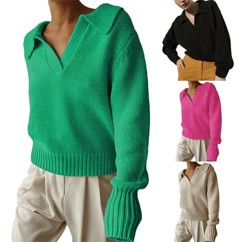 Damskie Swetry Kobiet Knitwear Solid Color Turn-Down Collar Sweter Z Długim Rękawem Bluzka na wiosnę Jesień S / M / L