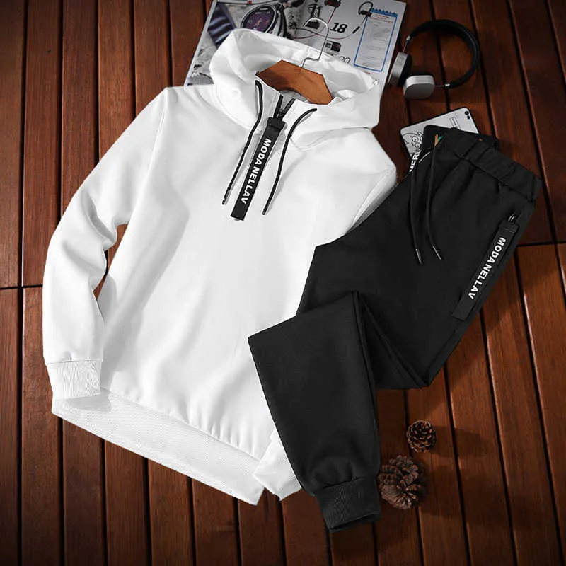 Conjuntos de roupas esportivas masculinas de cor sólida Patchwork Zipper Tracuit Homens Primavera Casual Moletom com capuz Hoodies 2PC + Calças Jogging_voghion.com