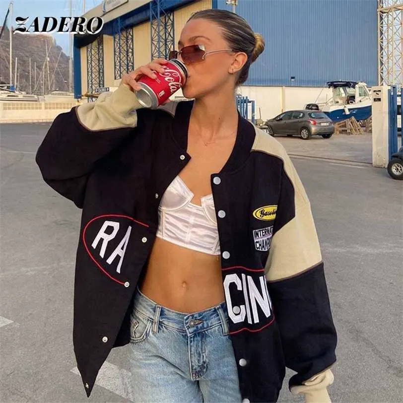 Varsity Jacket Autumn Winter Fashion Oversized Long Sleeve Bomber Loose Black Baseball Vintage Y2K Coat 211223