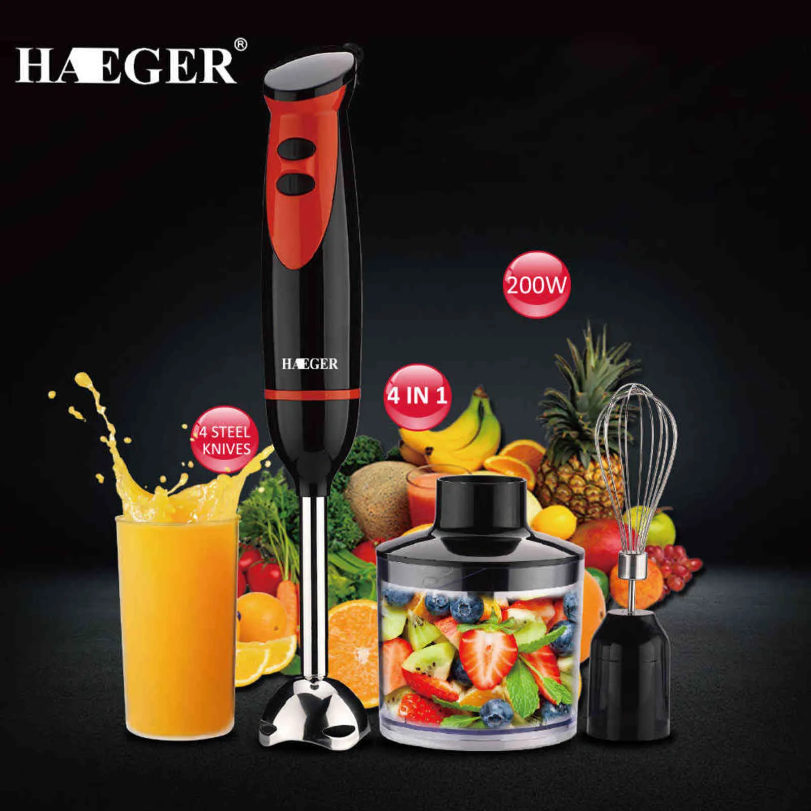 HAEGER Submersible Blender Milk Frother Mixer With Bowl 4 In 1 Kitchen