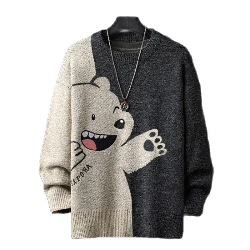 Mäns Tröjor 2021 Tröja Män Harajuku Stickad Pullover Hip Hop Streetwear Cartoon Bear O-Neck Oversize Casual Couple Male