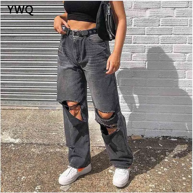 Kobiety Czarne Cargo Dżinsy Zgrywanie Spodnie Dla Wysoka Talia Mama Vintage Pełna długość Harajuku Hollow Out Hole Spodnie 210708