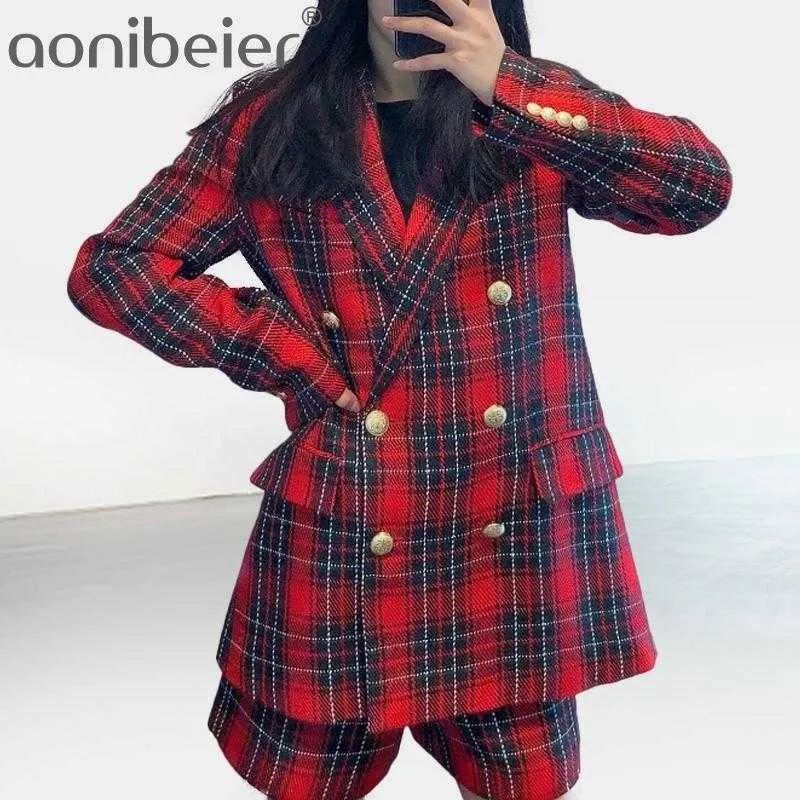 Women Elegant Office Suit Red Tweed Plaid Blazer Woman Casual Shorts Vintage Double Breasted Two Pieces Set Outwear 210604
