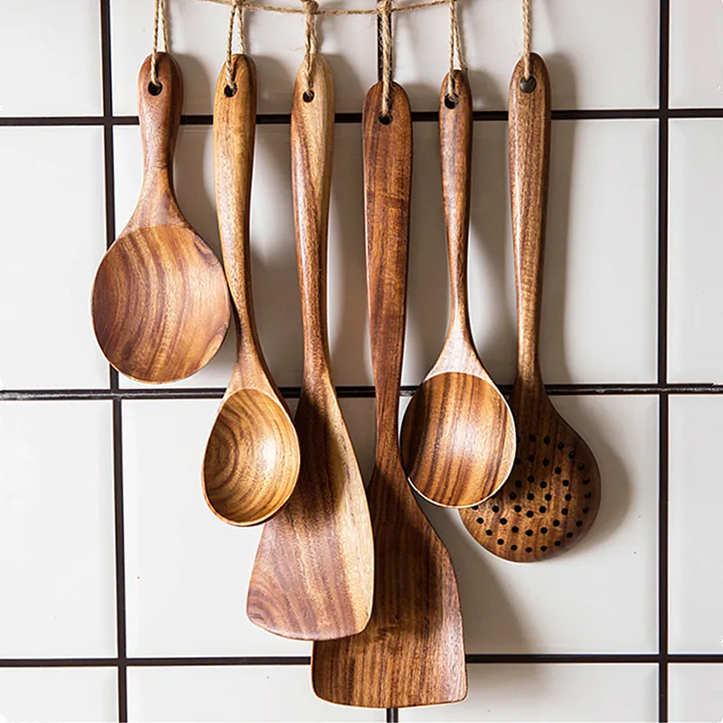 Teak Wooden Utensil Set, 7 piece cooking utensil set