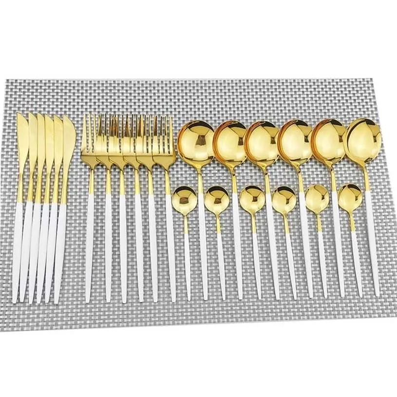 6 Set 24 adet Pembe Altın Yemek 304 Paslanmaz Çelik Çatal Beyaz Bıçak Çatal Kaşık Sofra Silverware 211229