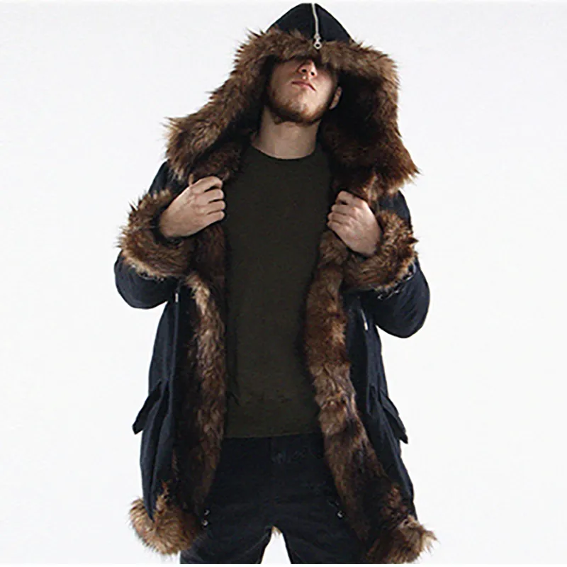 Men Fur Coat Winter Faux Fur Outwear Hooded Coat Men Punk Parka Jackets Long Leather Fleece Overcoats Genuine Fur Brand Clothing