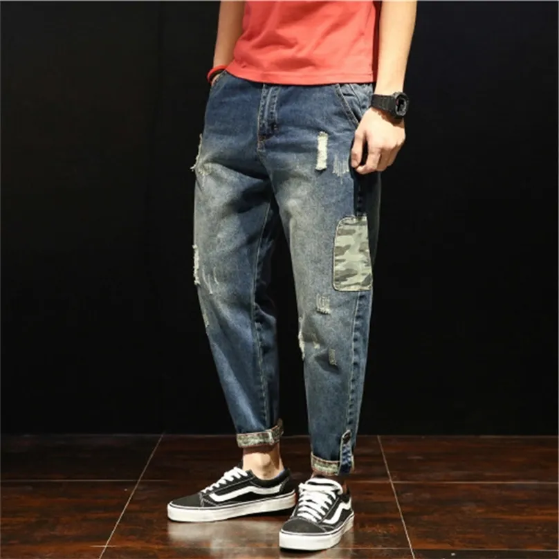 Moda Patchwork rasgado homens jeans meninos soltos orifícios casuais tornozelo-comprimento harem calças calças tamanho grande 28-42 210716