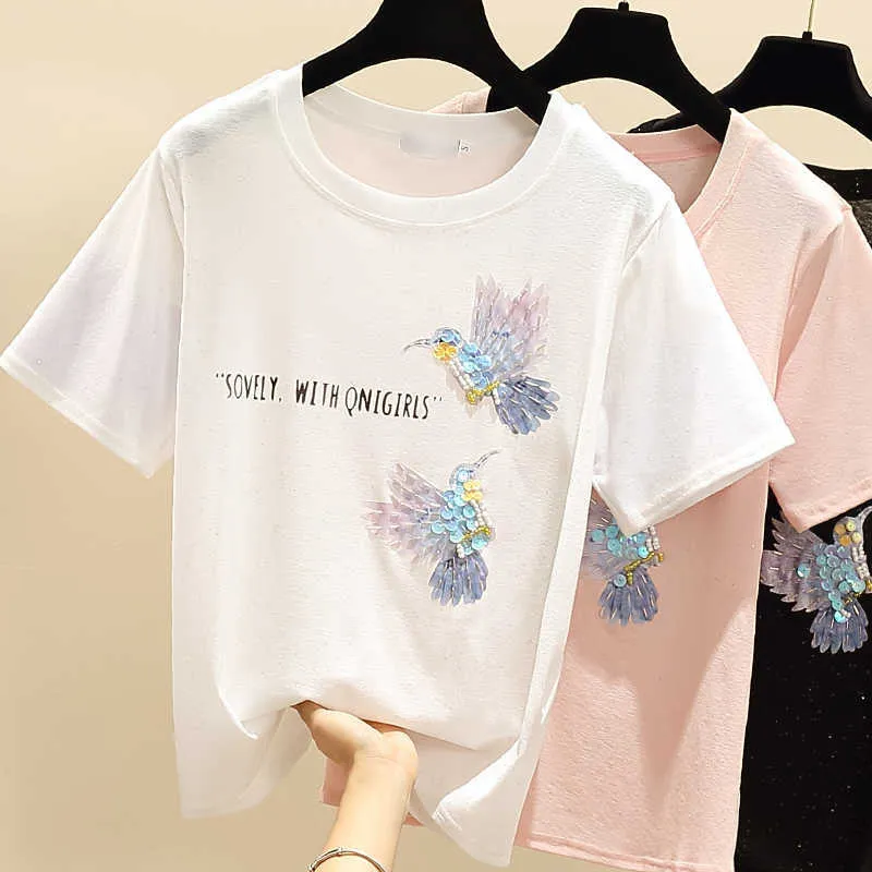 Yaz Tshirt Kadın Giysileri Kore Beyaz Vintage Tops Kadın T Gömlek Pembe Boncuk Elmas Tee Gömlek Kısa Kollu Moda 210604