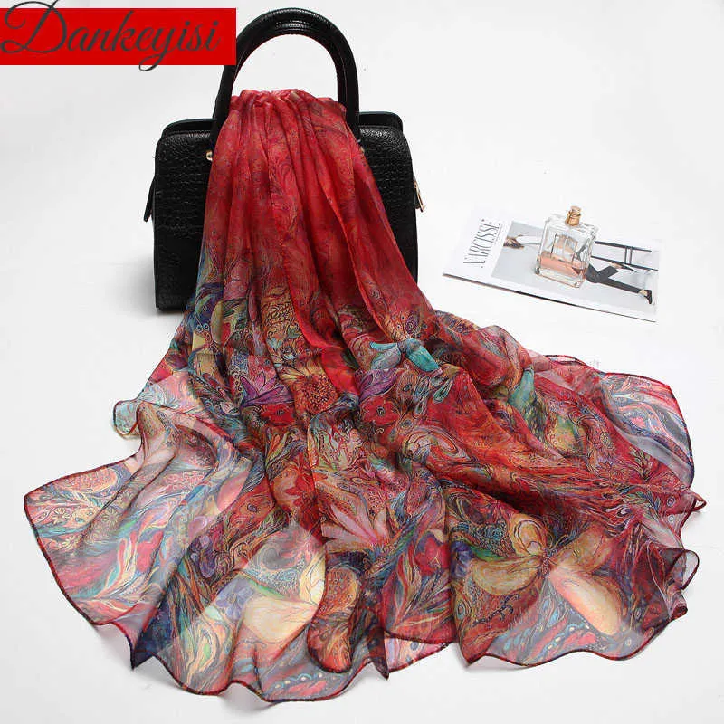 DANKEYISI Grande taille Écharpe en soie de mûrier Femmes Dames Soie Femmes Longues Foulards Châle Femme Hijab Wrap Summer Beach Cover-ups Q0828