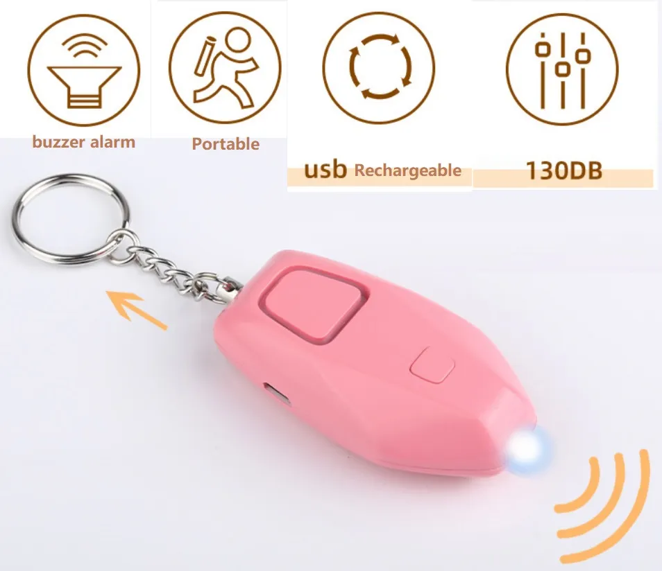 Larmsystem Uppladdningsbar enhet 130dB Personlig Siren Ficklampa Smart Högt Attack Panic Keychain Security Factory Partihandel