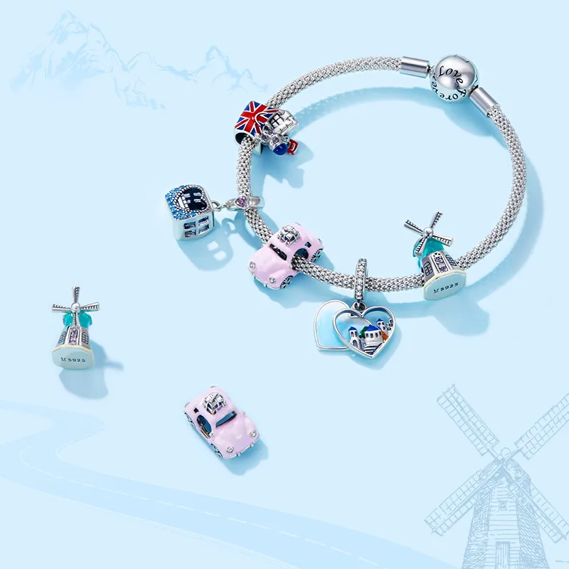 Bamoer Pink Cable Car Windmill Bracelet Beads And Charms With