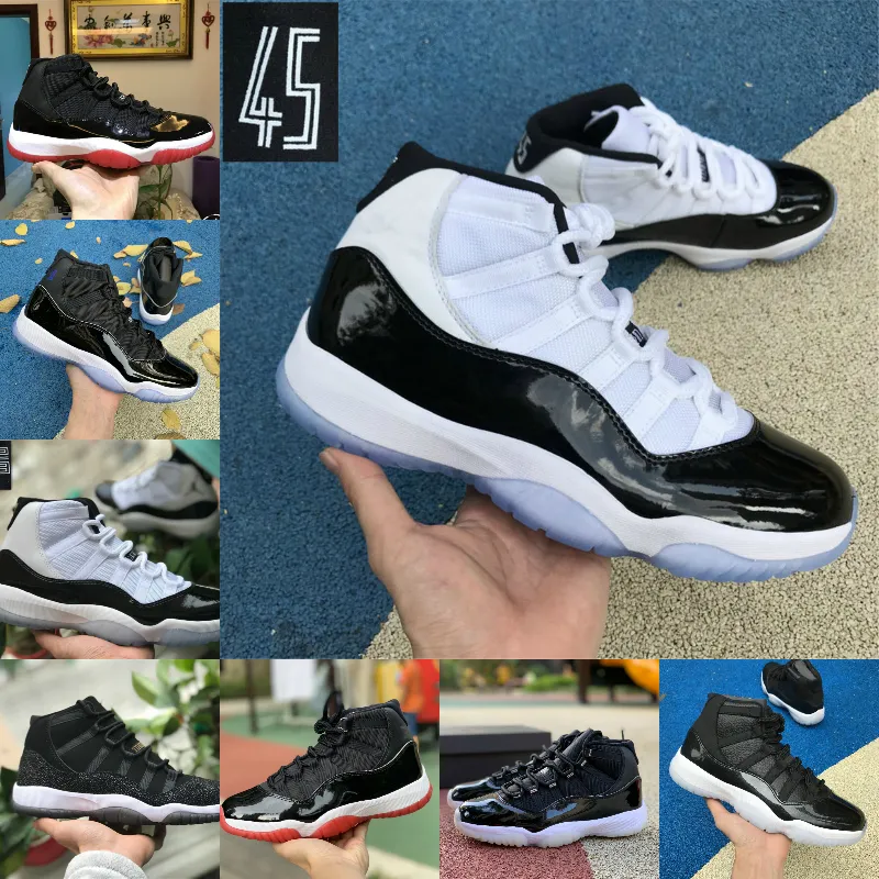 Sälj 2021 New Pantone Bred 11 11s Basketskor 25-årsjubileum Space Jam Gamma Blue Easter Concord 45 Låg Columbia White Red Sneakers