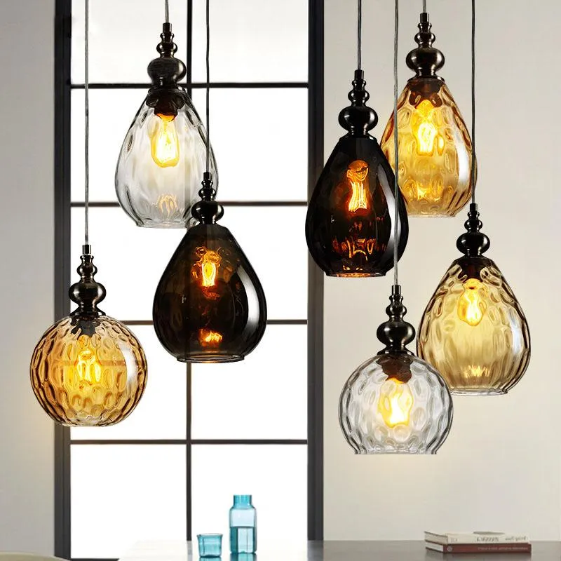 Anhängerlampen moderne Bernsteinglas LED Leuchten für Wohnzimmer Café Büro Vintage European Rustic Color Hand Blown Lampe