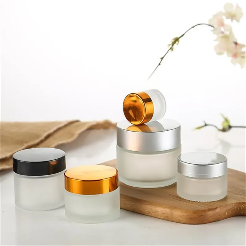 5g 10g Frosted Clear Amber Glazen Pot Crème Fles Cosmetische Lippenbalsem Container met Zwart Zilver Goud deksel en Binnenkussen Verpakking Flessen