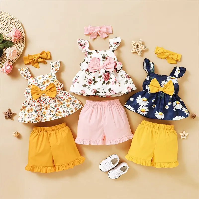 女の赤ちゃん服セット夏の幼児子供の花のノースリーブの弓トップショートパンツのヘッドバンド3個の赤ちゃんの服セット女の子の衣装334 Y2