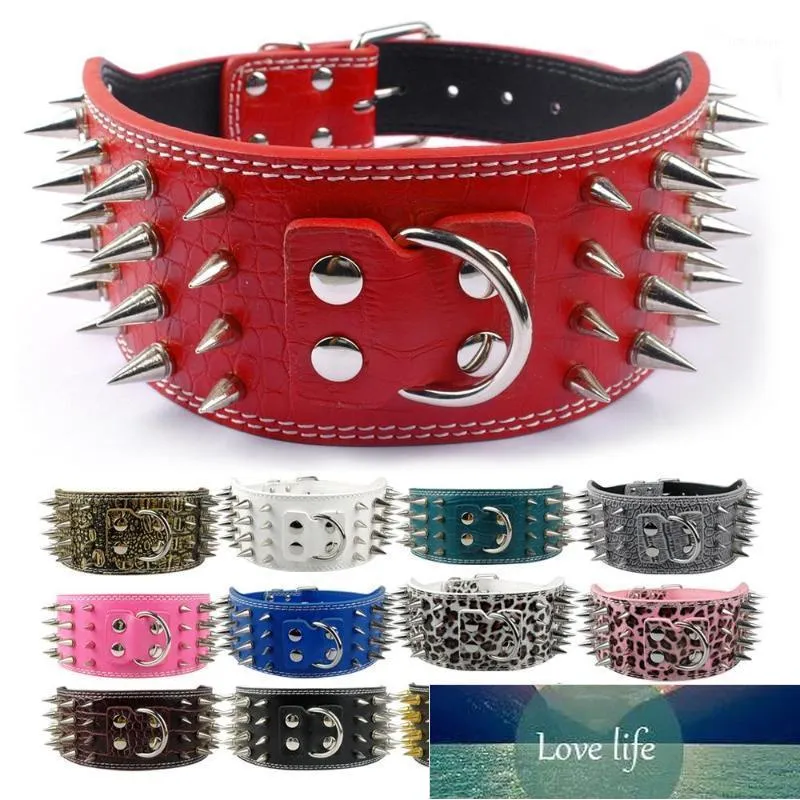 Ny stil 3 tum bred 11 färger Spiked studded PU läder Stora hundkragar för Pit Bull1