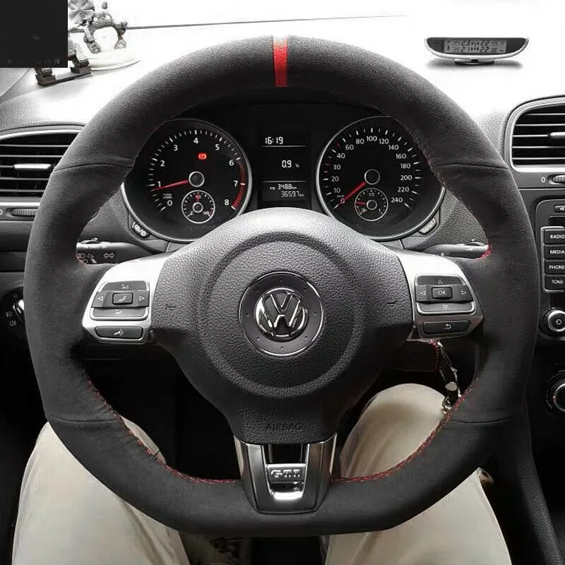 Alla Svart Suede Läder Ratt Rödstygn på Wrap Cover Fit för Volkswagen Golf 6 GTI MK6 / POLO GTI / SCIROCCO R