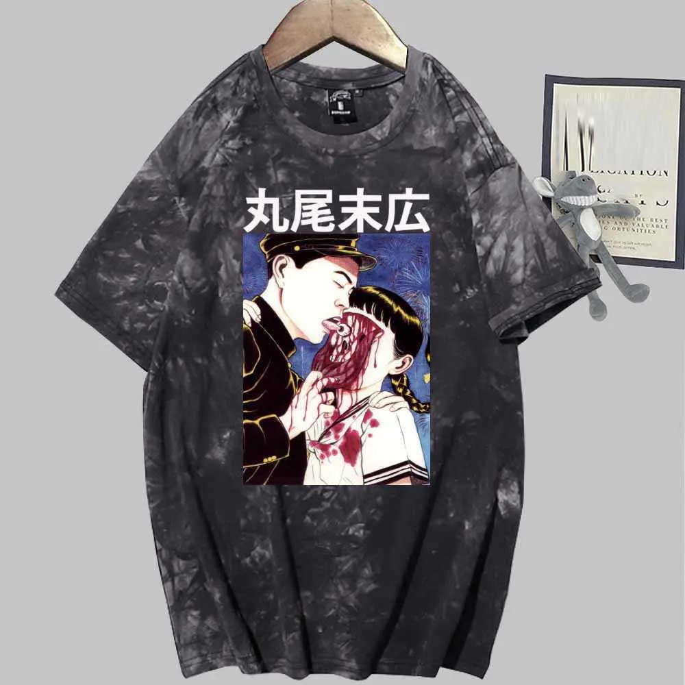 スヒロー丸尾プリントファッション半袖ラウンドネックネクタイ染料Tシャツユニセックス秋Y0809