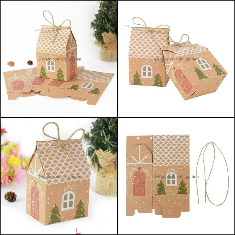 Gift Wrap 10pcs House Shape Christmas Candy Boxes With Ropes Xmas Tree Hanging Cookie Packaging Merry Guests