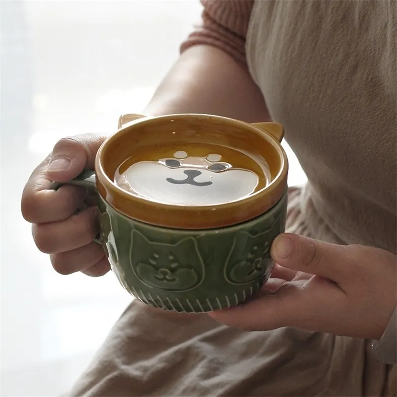 Japanese Cute Mug Creative Ceramic Shiba Inu Panda Coffee Cup with Lid Home Couple Milk Breakfast Water 220311
