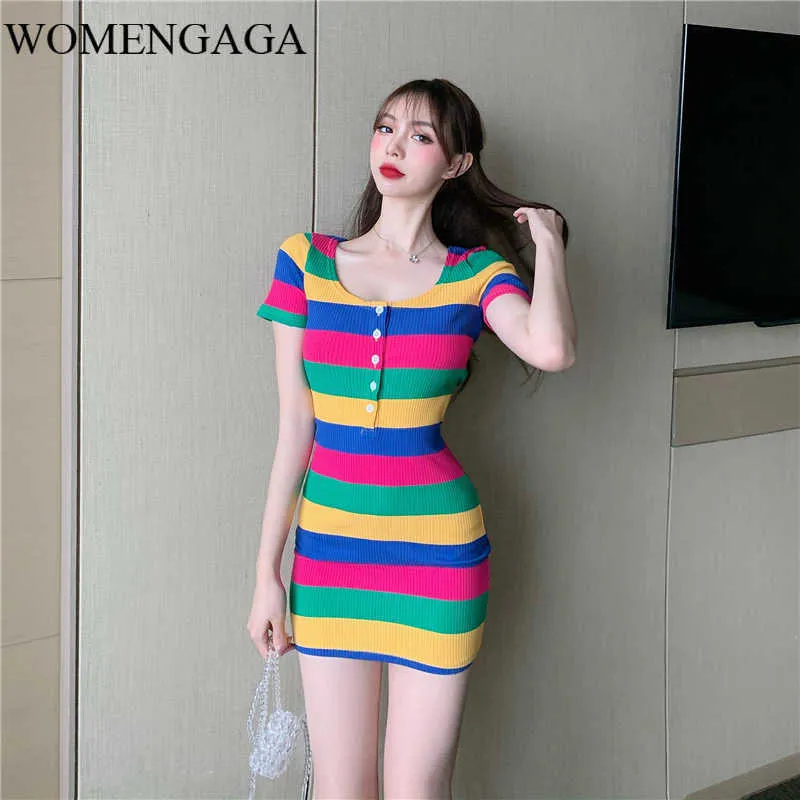 WOMENGAGA Summer Korean Style Round Neck Color Dress Tight-fitting Hip Mini Sexy Slim Temperament Stripes YC1Q 210603