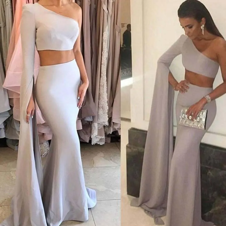 Piece Designer Two Evening Dresses One Shoulder Chiffon Long Sleeves Floor Length Custom Made Plus Size Prom Party Gown Vestido