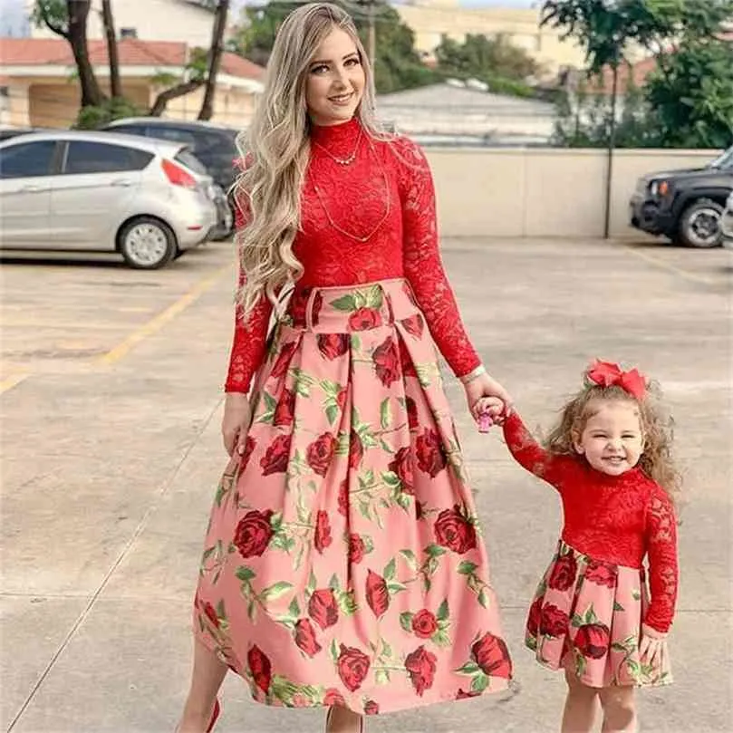 Long Sleeve Red Lace Wedding Dress For Family Look Matching Mommy And Me Clothes Year Mother Daughter Dresses Outfits 210922