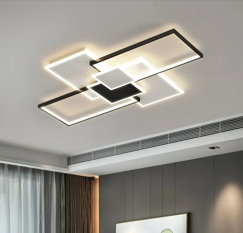 リビングルームベッドルーム研究のための現代LEDシャンデリアリモコン調光可能な照明付きホーム黒い長方形の天井灯