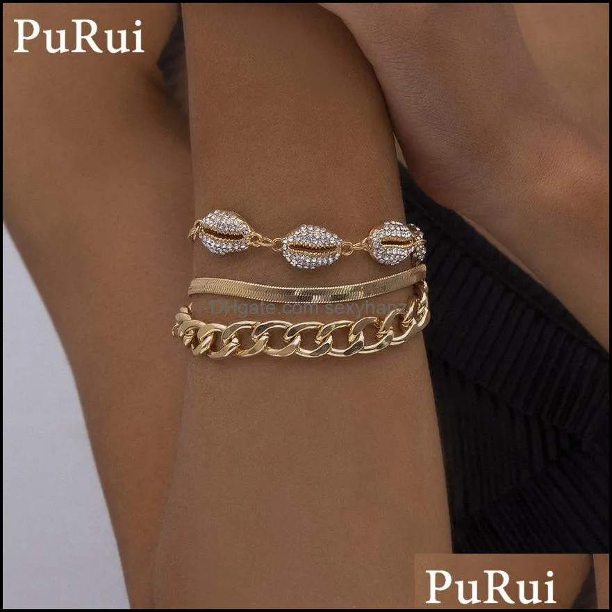 3Pcs/Set Punk Curb Cuban Chain Bracelets Set for Women  Boho Crystal Shell Gold Color Charm Bracelets Bangles Jewelry