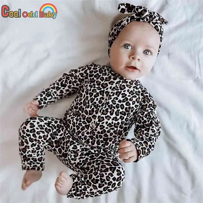 Primavera Autunno nato Baby Girl Clothes Set Moda Leopard Pagliaccetto + Fascia per capelli Infantile Tuta a maniche lunghe 2 pezzi Abbigliamento per bambini 210816