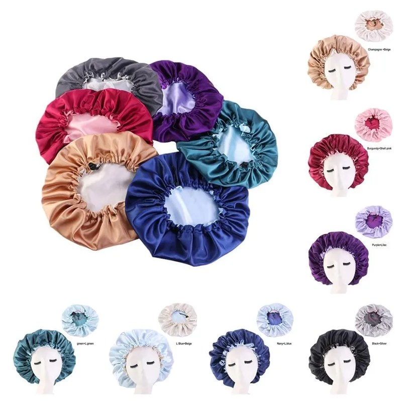 Chapeau de bain à larges bords, couleur unie, Bonnets en soie ronds avec boucle réglable, chapeaux ajustés en Satin, produits de salle de bain pour femmes