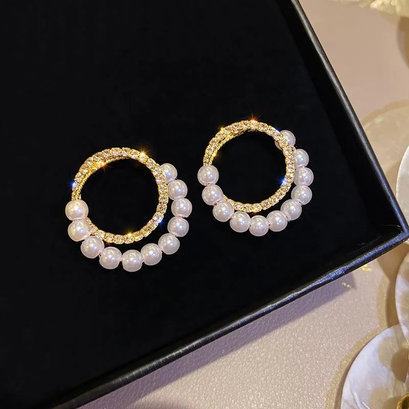 Stud Fashion Pearl Crystal Earrings For Women Girls Simple Multilayer Circle Vintage Brincos Korean Jewelry Accessories