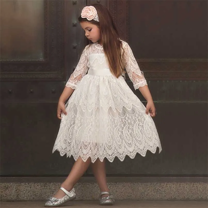 White Girls Ceremony Dress Formal Lace Wedding Dress Party Pageant Gown Dresses Girl Princess Dress Children Year Costume 211027