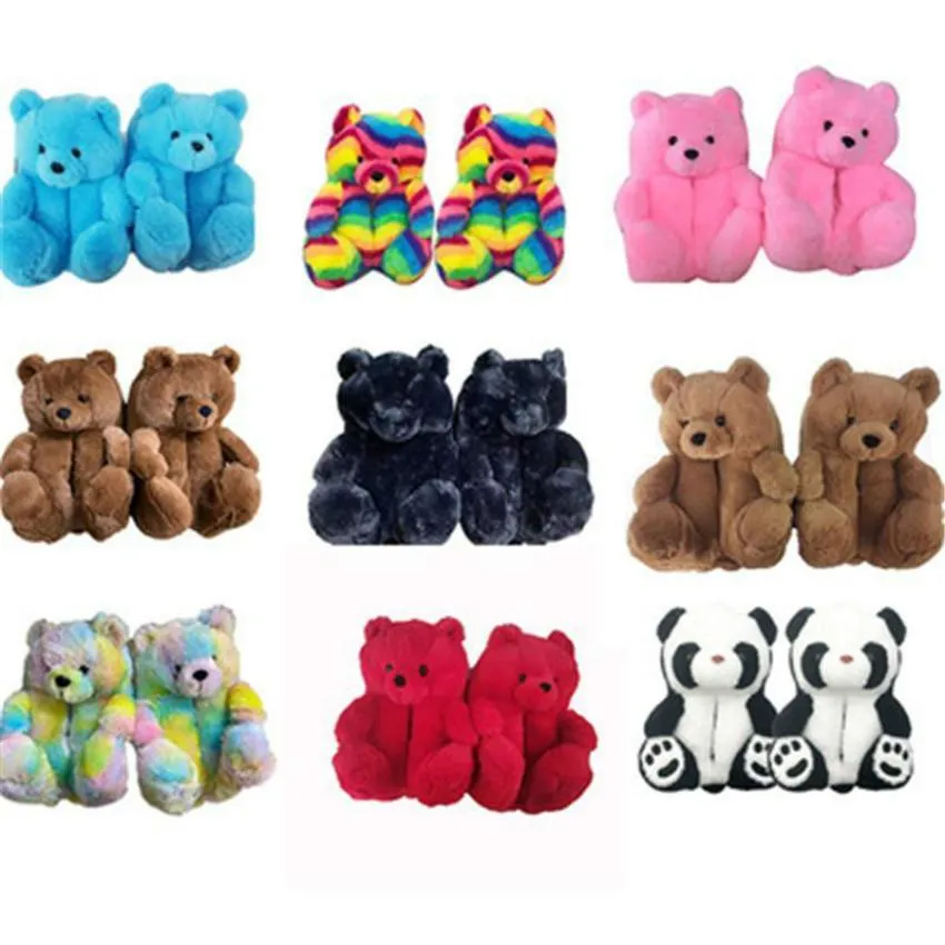 2021 Pluche Teddybeer Huis Slippers Bruin Vrouwen Thuis Indoor Zachte Antislip Faux Fur Leuke Pluizige Roze Slippers vrouwen Winter Warme Schoen