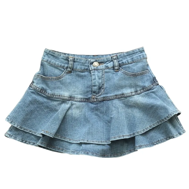 Été taille basse une ligne Denim jupe femmes Sexy plissé Mini Jeans jupes Style coréen décontracté Faldas Mujer 210310