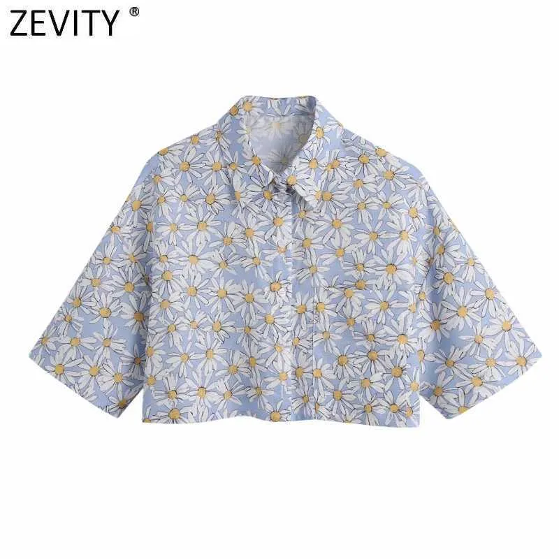 Zevity kvinnor vintage blommig utskrift avslappnad kort smock blus kvinnlig singel breasted kimono skjorta chic linne blusas toppar ls9190 210603