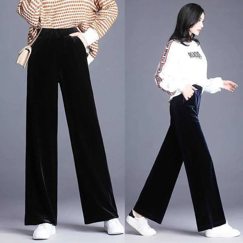 2021 novo tamanho grande tamanho preto vintage sólido veludo calças de cintura alta feminina retro plus size solto veludo pants de pernas largas q0801