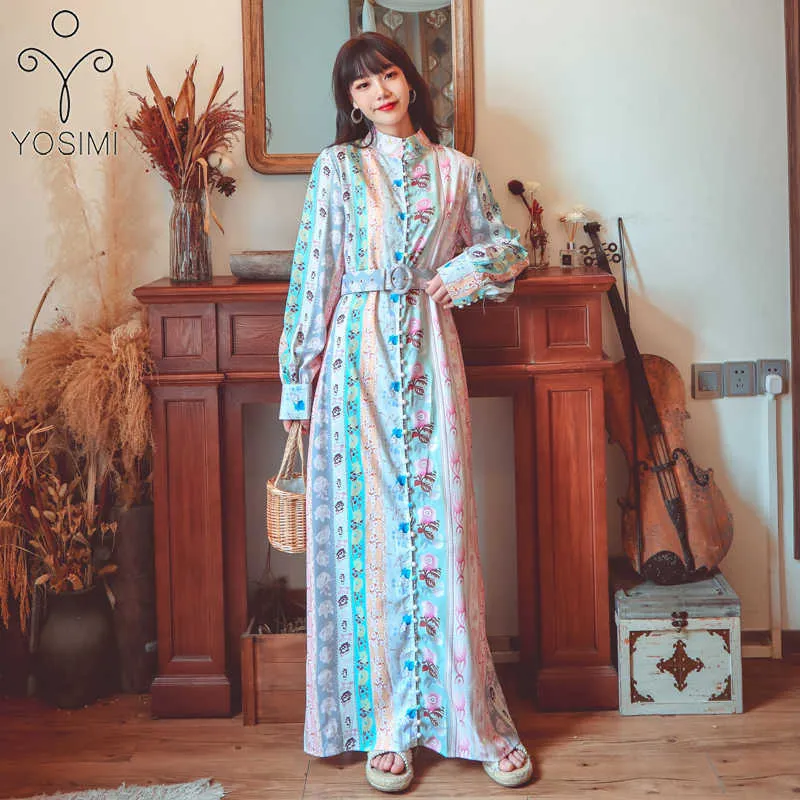YOSIMI Vintage Long Women Dress Spring Summer Floral Print Stand-neck Loose Straight Ankle-length Sleeve Shirt Dresses 210604