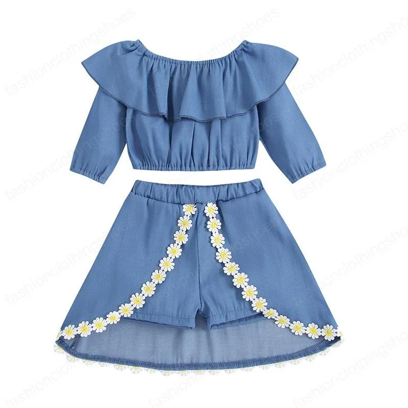 kids Clothing Sets girls outfits children ruffle off shoulder Tops+Flower Short skirts 2pcs/set Spring Autumn Korean version baby Clothes