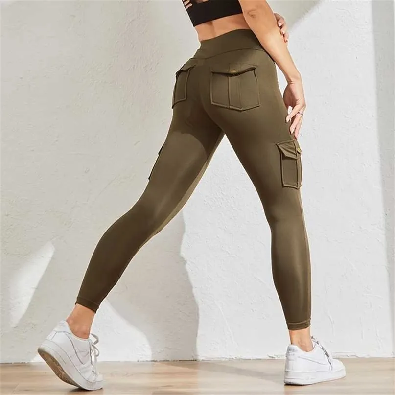 CHRLEISURE Woman Fitness Leggings Pocket High Waist Booty Lifting Pants Seamless Push Up Work Out 211204